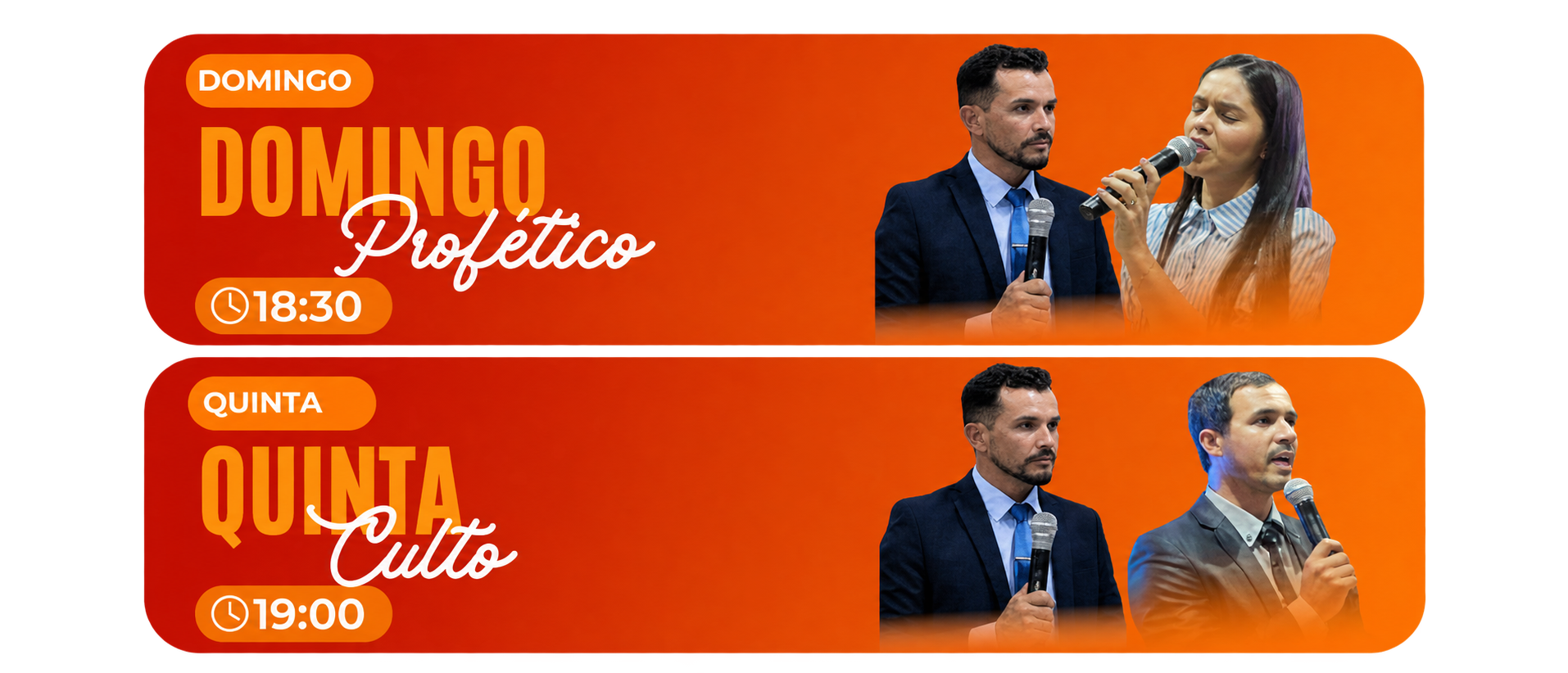 Programação semanal: Domingo Profético às 18h30 e culto de quinta-feira às 19h.